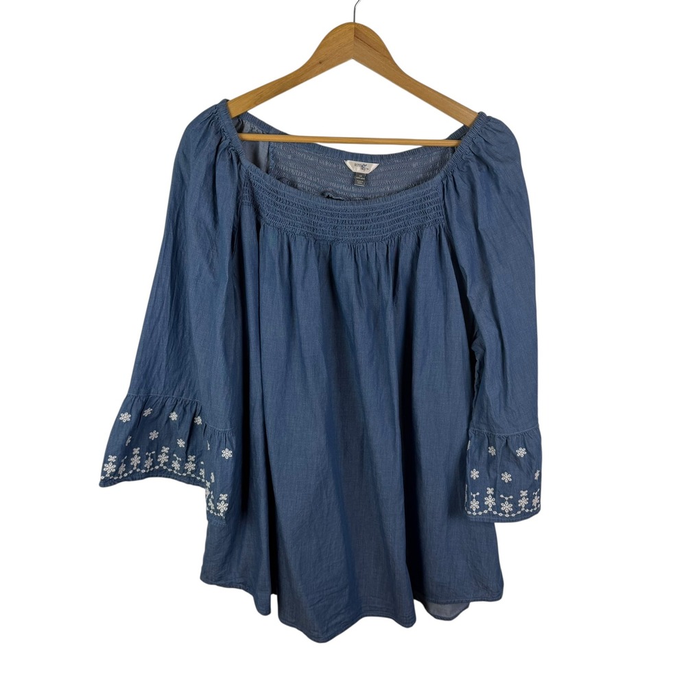 Terra & Sky Blue Peasant Blouse with White Embroidered Cuffs